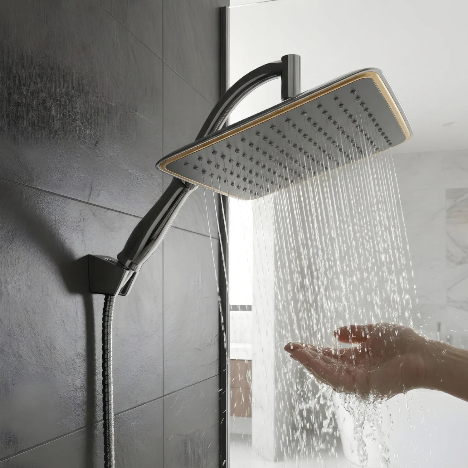 Falun - 9-Inch 360° Rotating Rainfall Shower Head Set with Handheld, Extension Arm, Chrome ABS (Water Saving) - Image 9