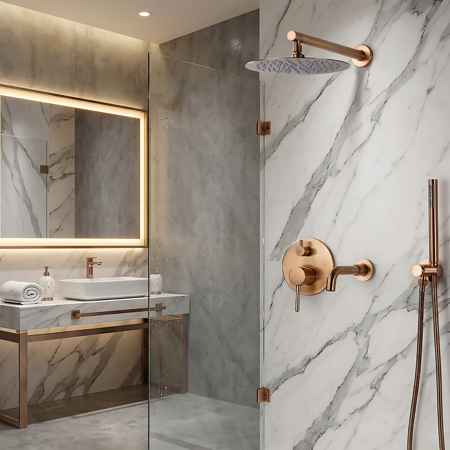 Faroe - Three Way Bathroom Shower Faucet Set with Rainfall Head, Hand Shower & Tub Spout –with Brass Hot Cold Mixer Tap - Image 14
