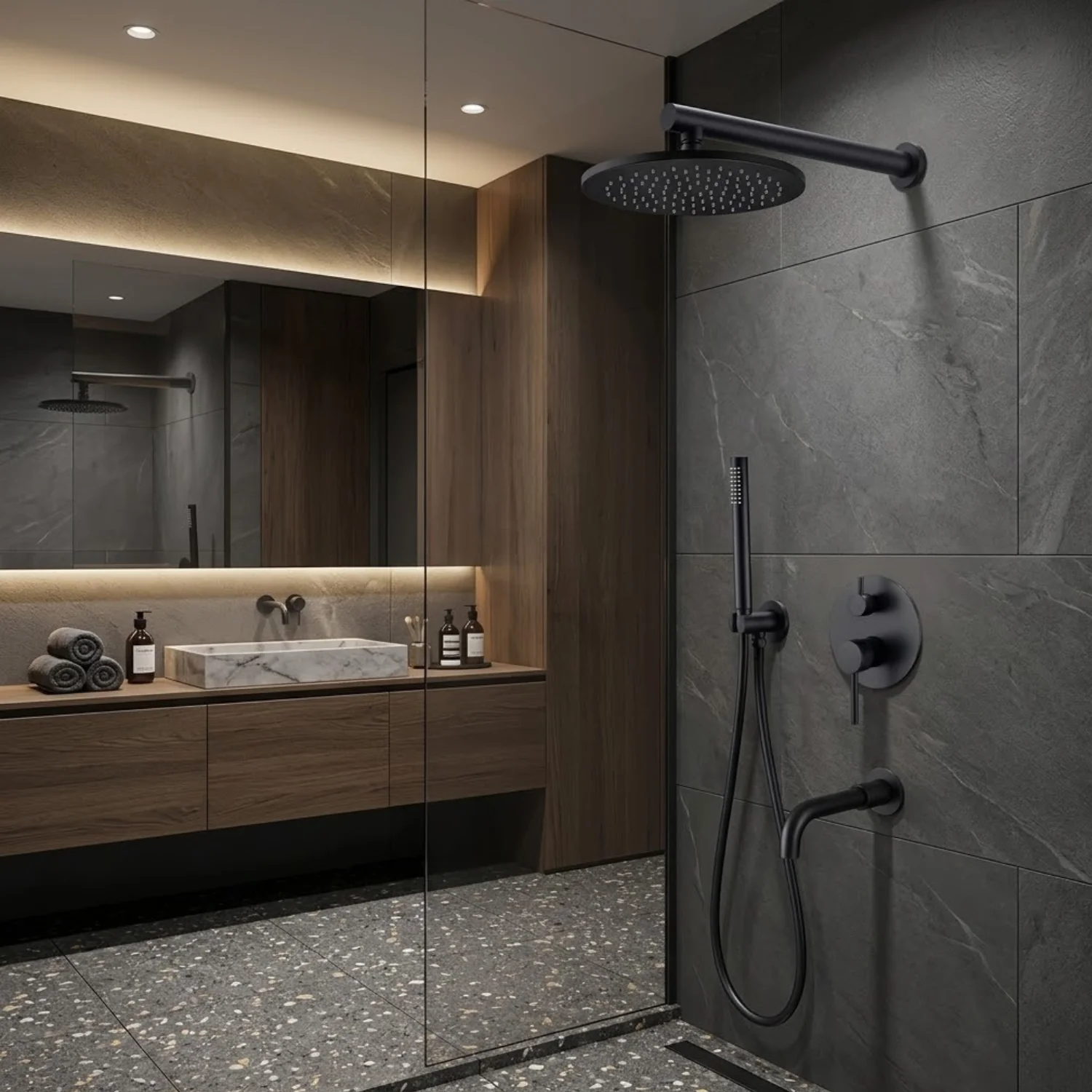 Faroe - Three Way Bathroom Shower Faucet Set with Rainfall Head, Hand Shower & Tub Spout –with Brass Hot Cold Mixer Tap - Image 2