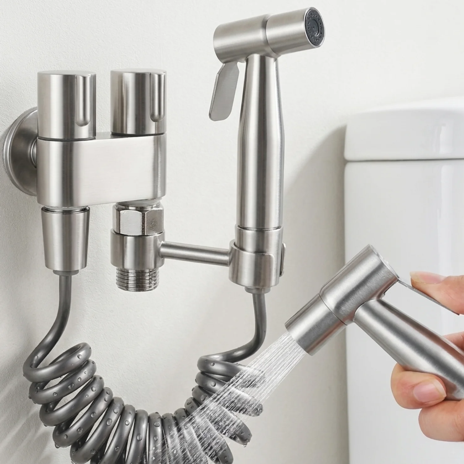 Glomma - Stainless Steel Bidet Spray Gun Set – Handheld Toilet Hygienic Shower with Double Outlet Angle Valve - Image 5