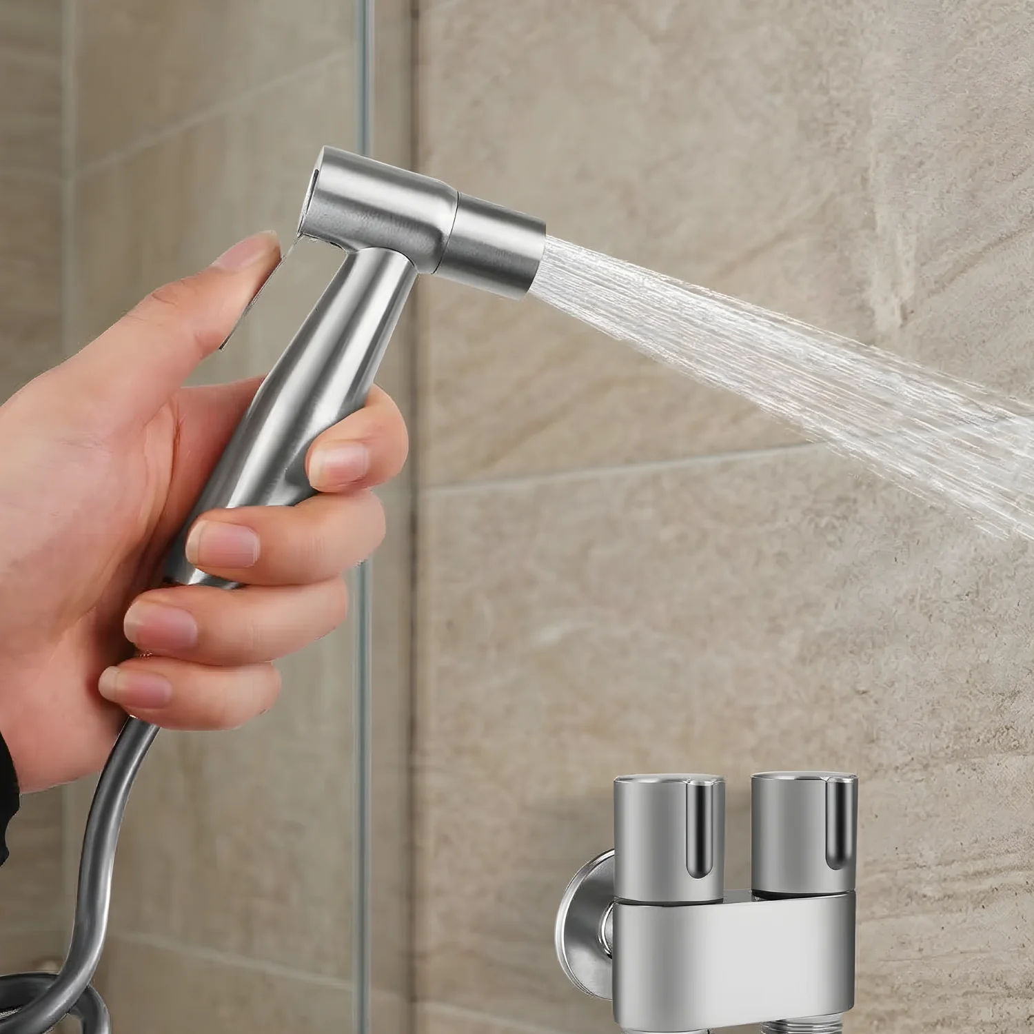 Glomma - Stainless Steel Bidet Spray Gun Set – Handheld Toilet Hygienic Shower with Double Outlet Angle Valve - Image 7