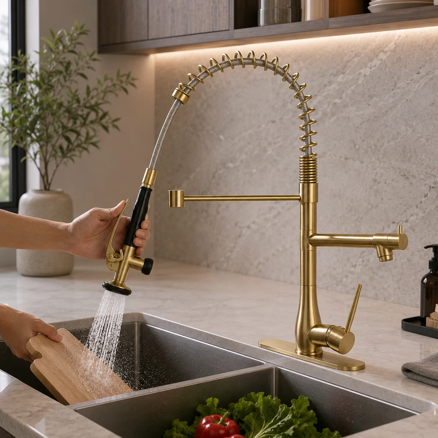 Oulanka - Commercial Single-Handle Kitchen Faucet  with Dual-Outlet High-Arc Spring Sink Tap - Image 14