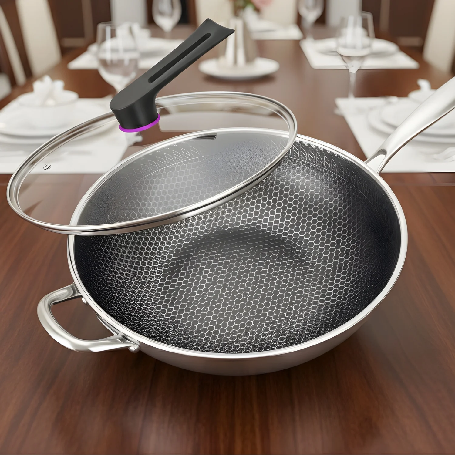 Panora - 13" Nonstick PFOA-Free Hybrid Wok Stainless Steel Pan with Lid - Image 3