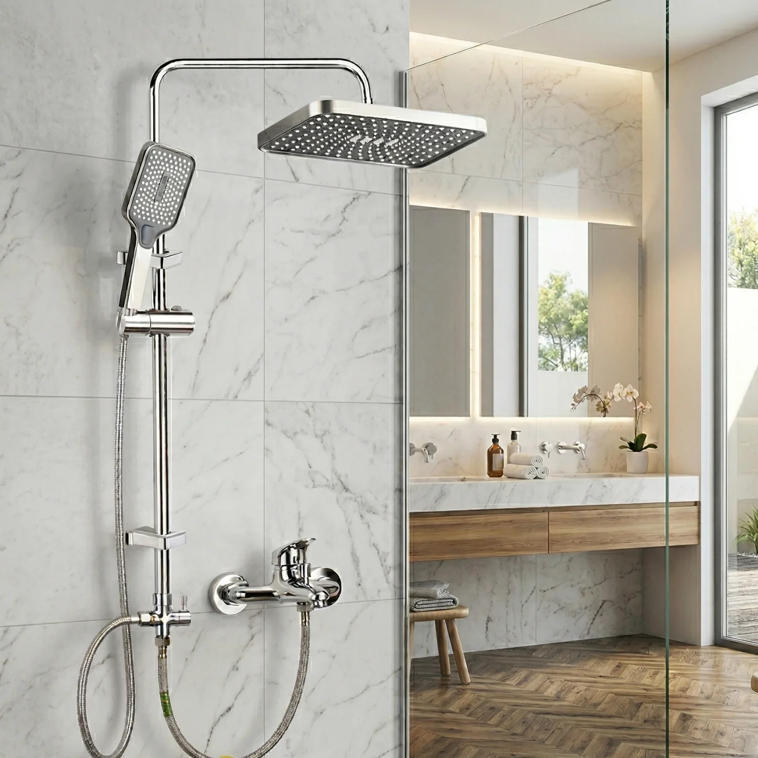 Sarek - Rainfall Shower Column Set with Handheld Shower & Wall Mounted Mixer Tap - Image 6