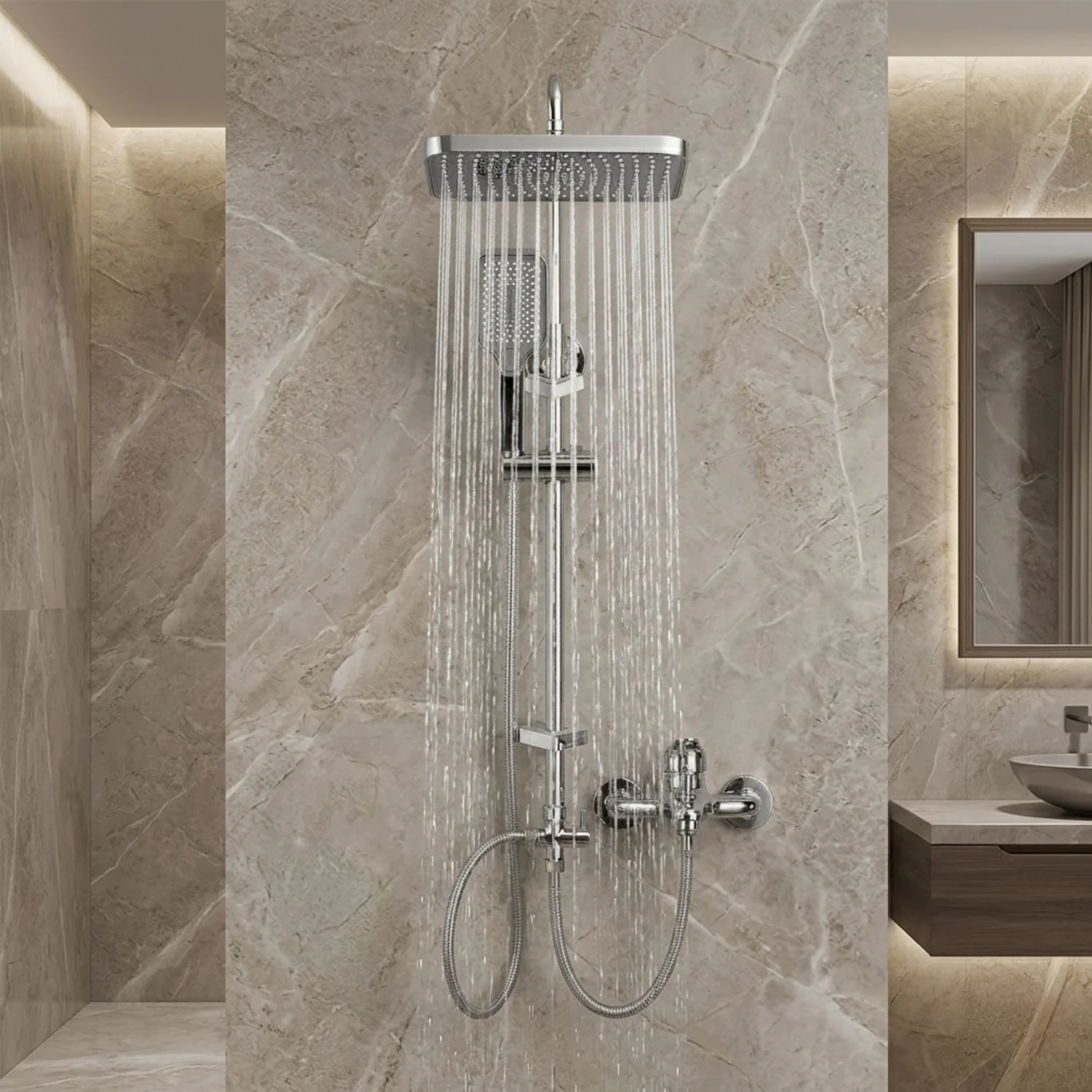 Sarek - Rainfall Shower Column Set with Handheld Shower & Wall Mounted Mixer Tap - Image 8