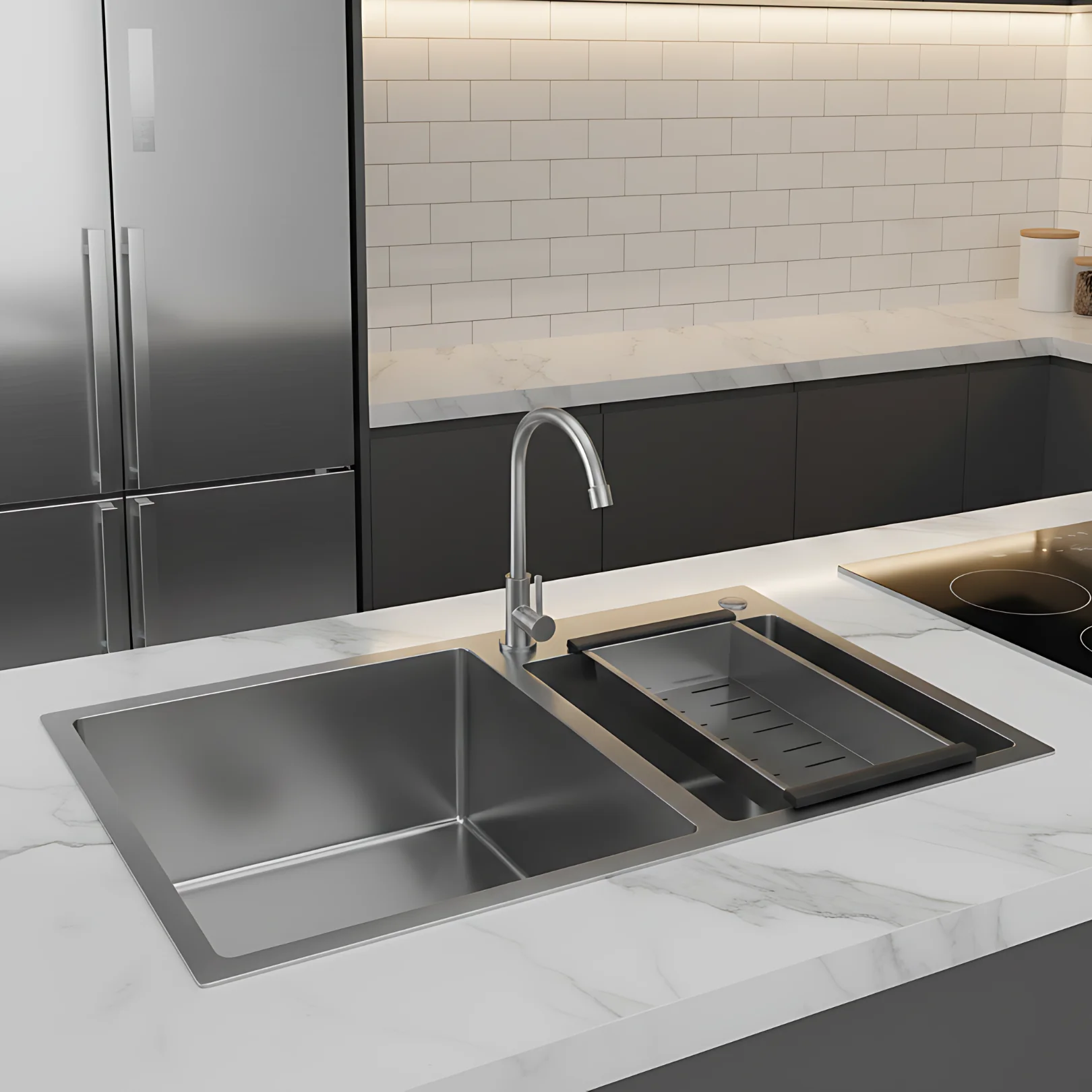 Strolberg - Drop-in Workstation Sink - Stainless Steel Double Bowl Kitchen Sink with Noise Reduction - Silver - Image 6