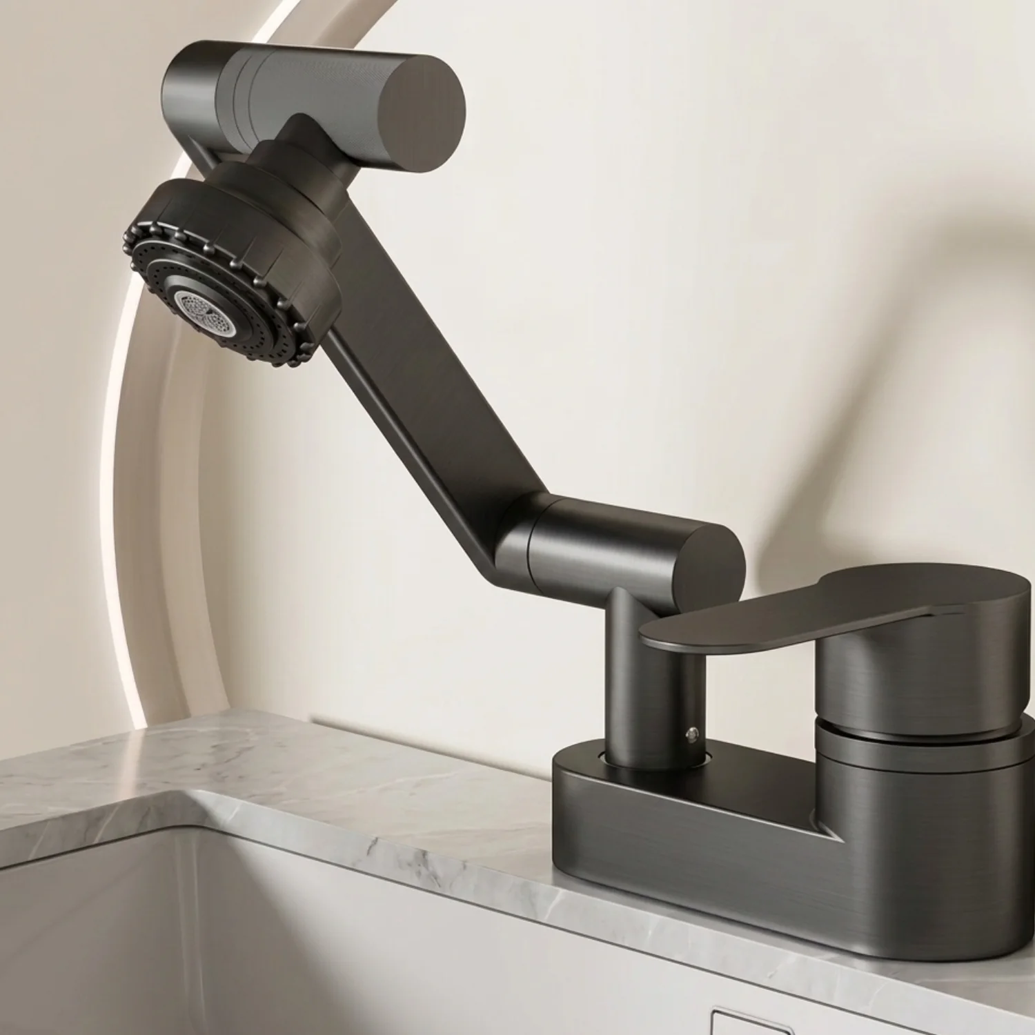 Uupsala - Wash Basin Faucet Double Hole Hot & Cold Mixer Tap with 2-Mode Rotating Nozzle Bathroom Sink Faucet - Image 2